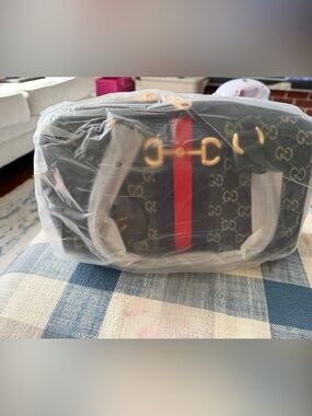 Fashion Dark Blue GG Canvas Top-Handle Bag with Red Stripe
